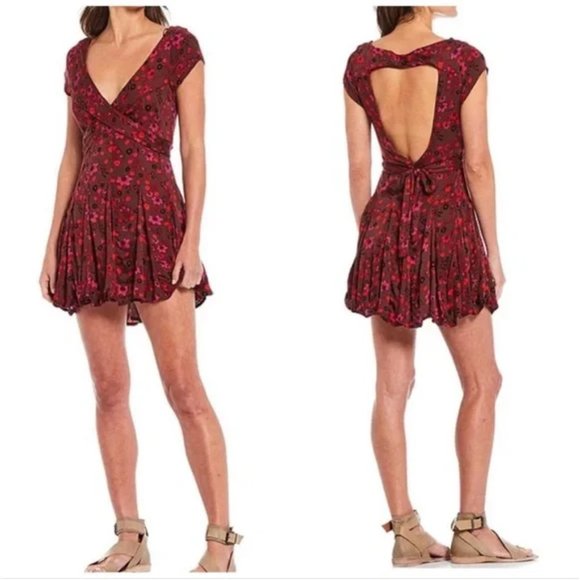 NWT Free People It Takes Two Mini Dress Ivory Floral Sleeveless Wrap Plum Combo - Picture 10 of 10
